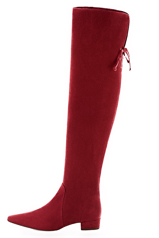 Burgundy red women's leather thigh-high boots. Tapered toe. Low block heels. Made to measure. Profile view - Florence KOOIJMAN